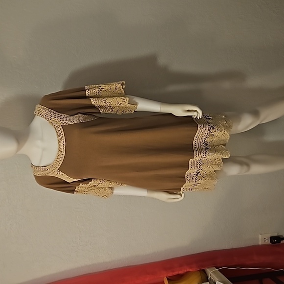 JUDITH MARCH Brown Crochet Metallic Lace Trim Boho Mini Dress - Picture 3 of 10